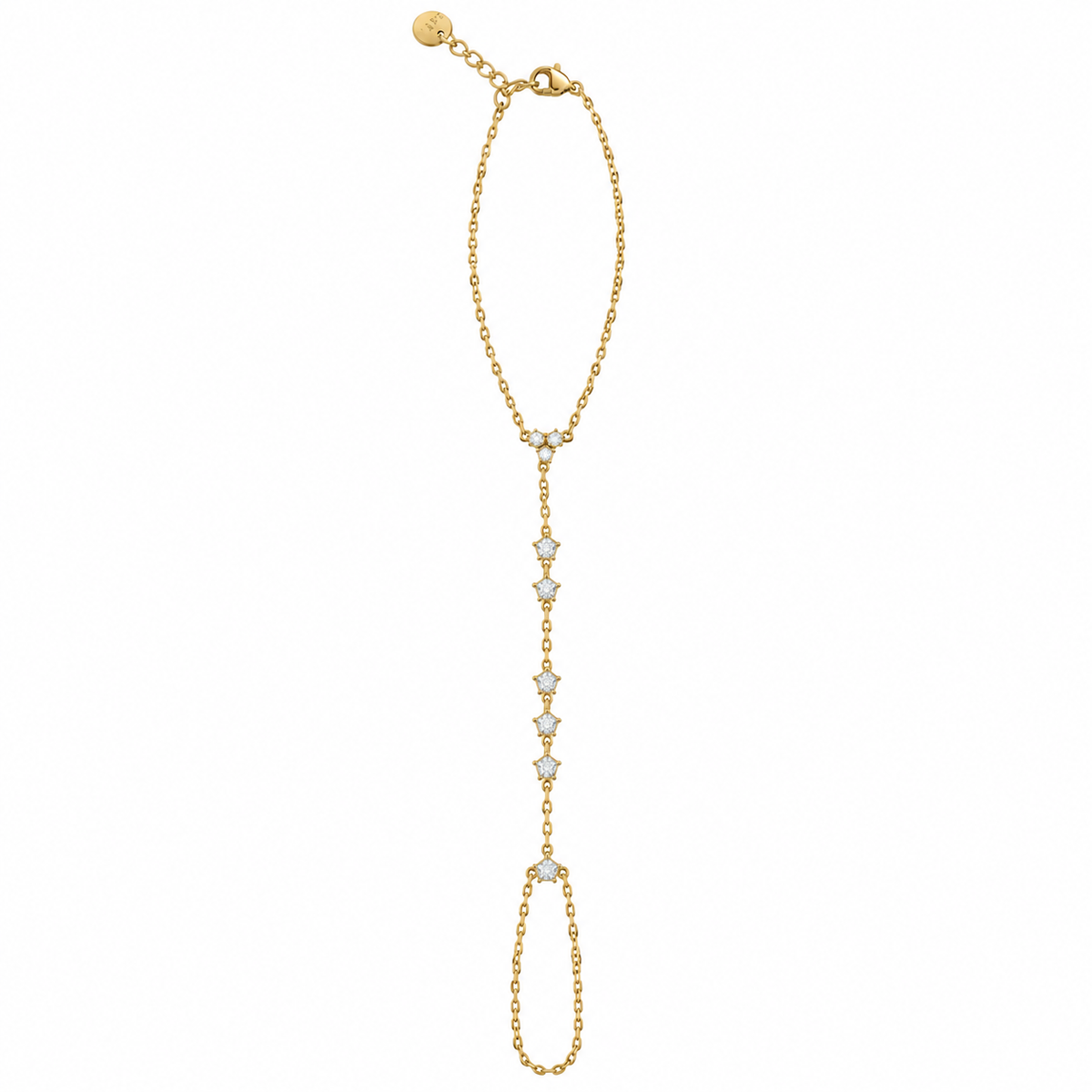 Gouden hand chain met fonkelende strass sterretjes en vingerlus